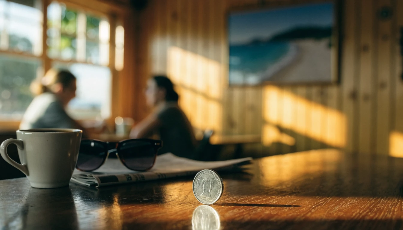 One-dollar coin on an Australian pub counter beside coffee and sunglasses