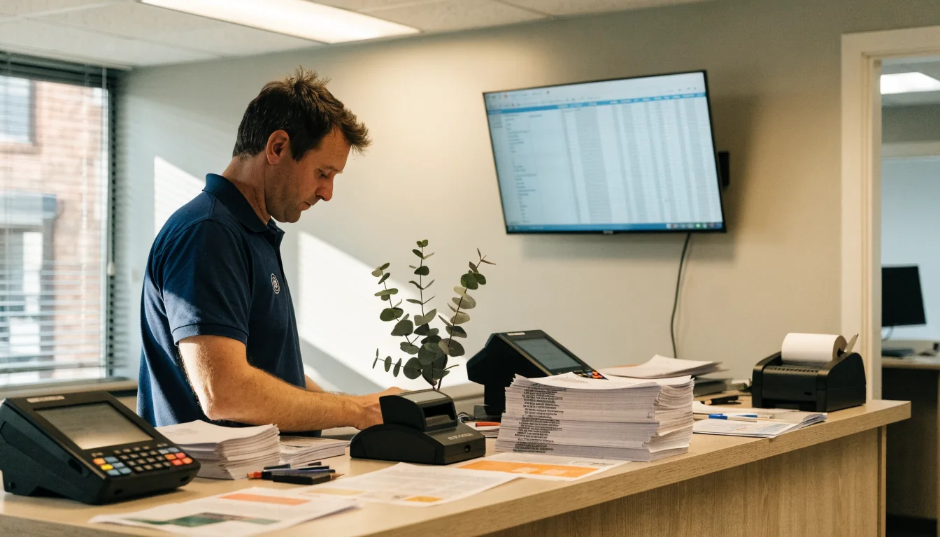Operator staff at an Australian betting shop service desk with terminals and paperwork