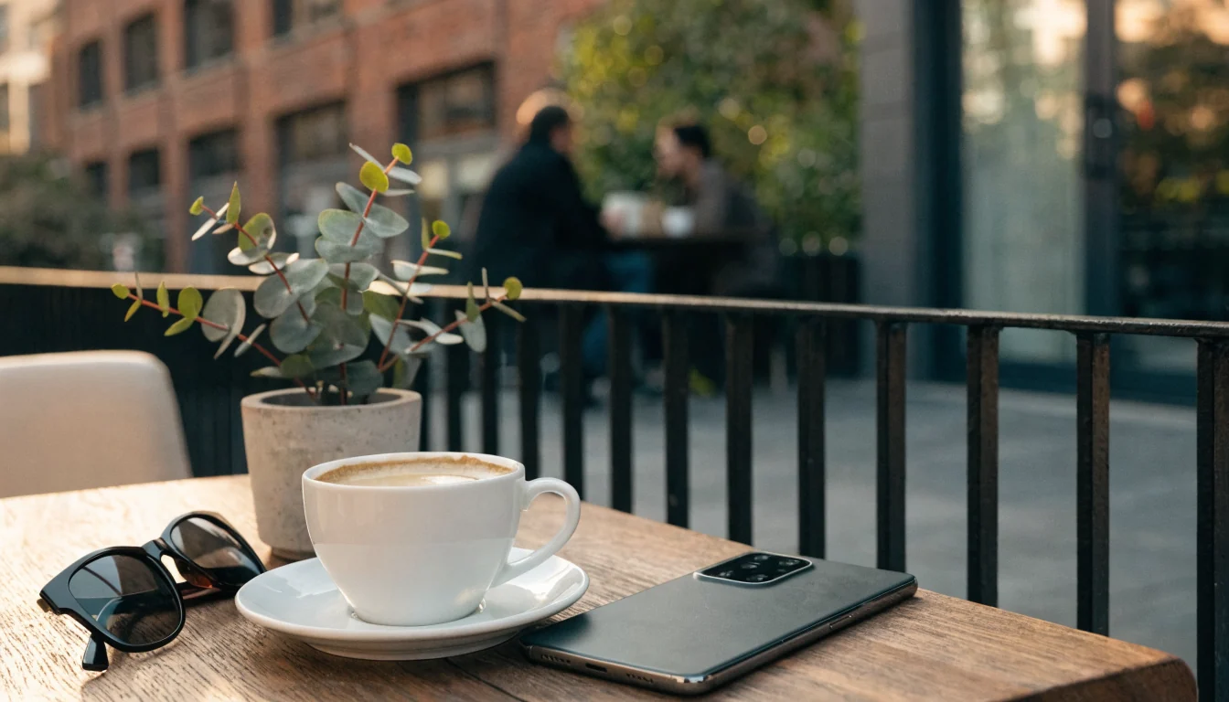 Android smartphone on a sunny Sydney café table beside coffee and eucalyptus.