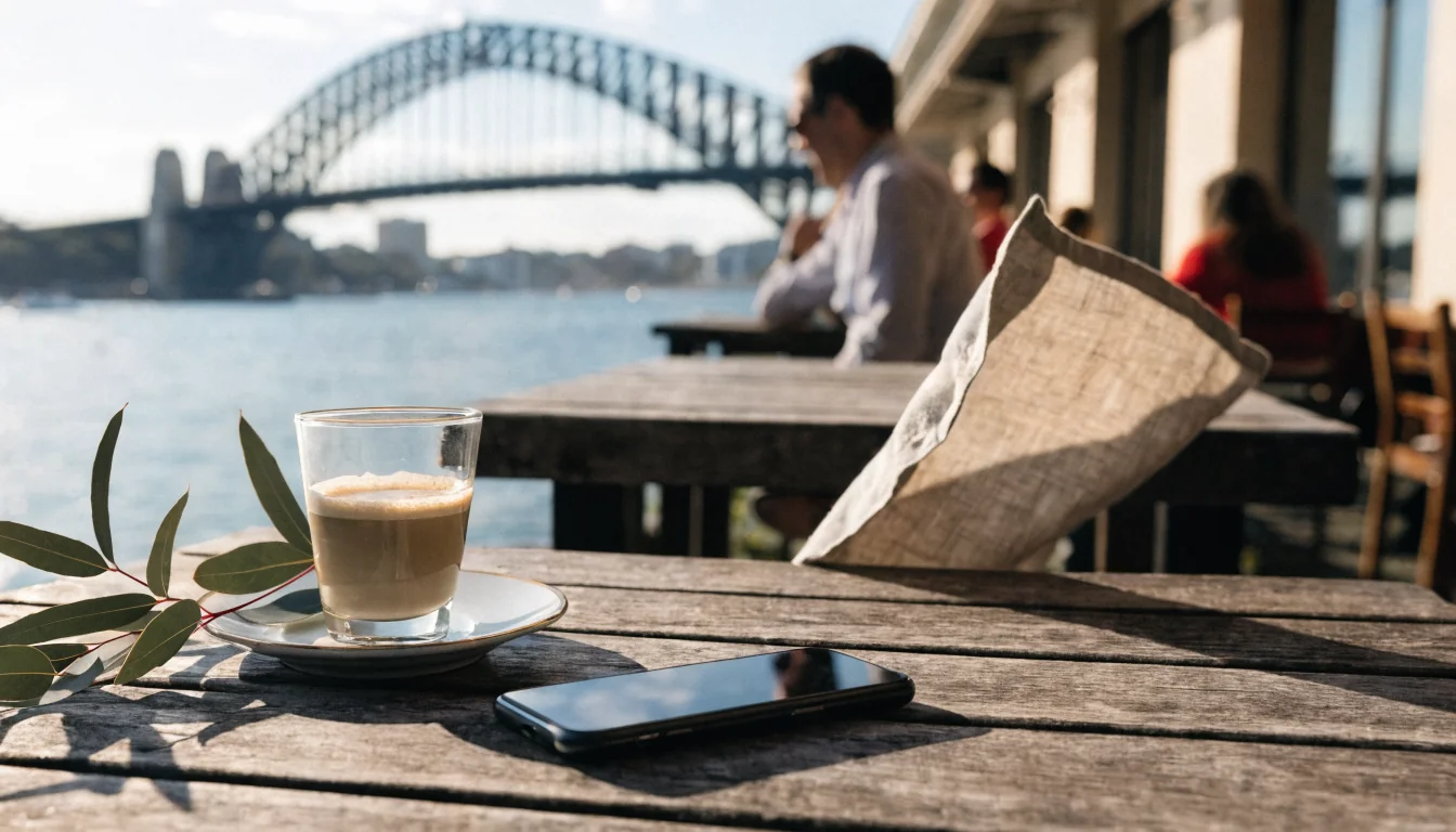 Smartphone on a café terrace with Sydney Harbour Bridge in the background.