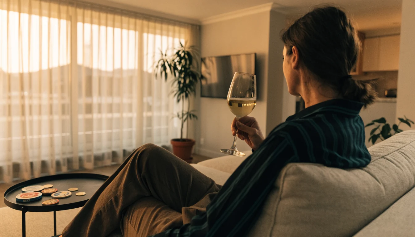 Australian lounge room with relaxed person, coins, and muted television at evening.