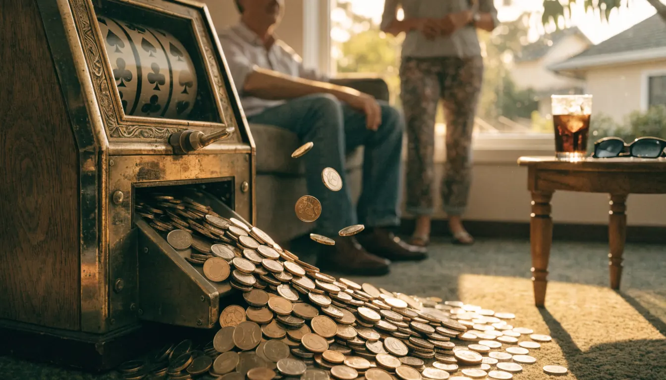 Coins spilling from a slot machine in an Australian lounge.