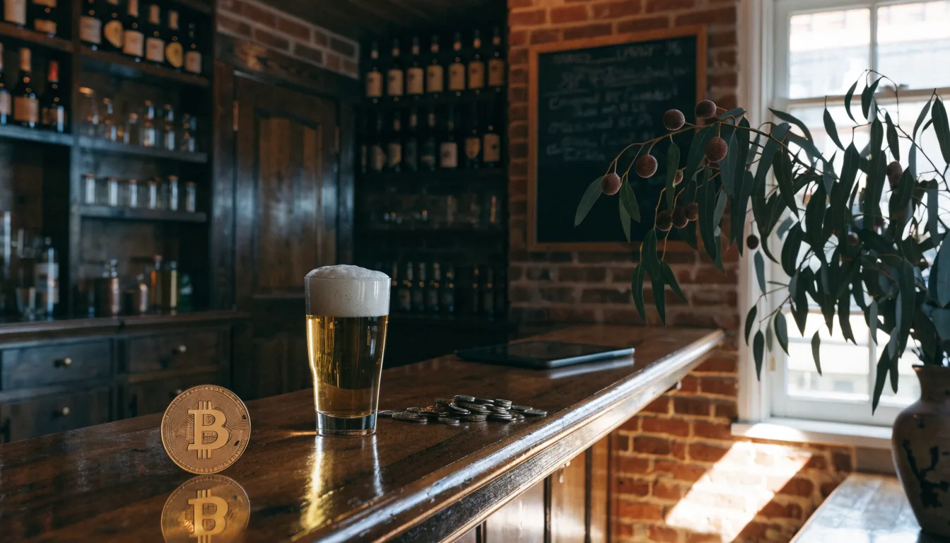 Australian pub bar interior with Bitcoin token on counter