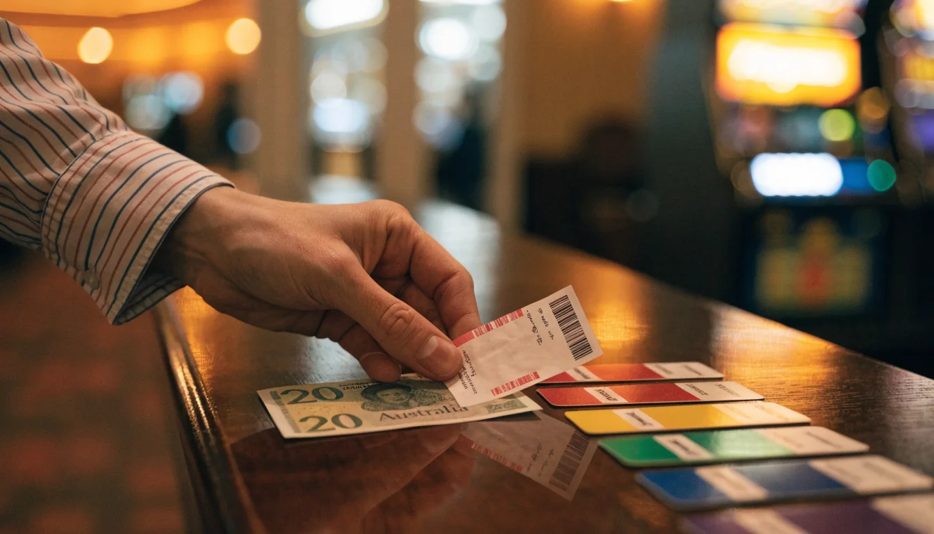 Hand paying with cash and voucher at a casino cashier desk in Australia.