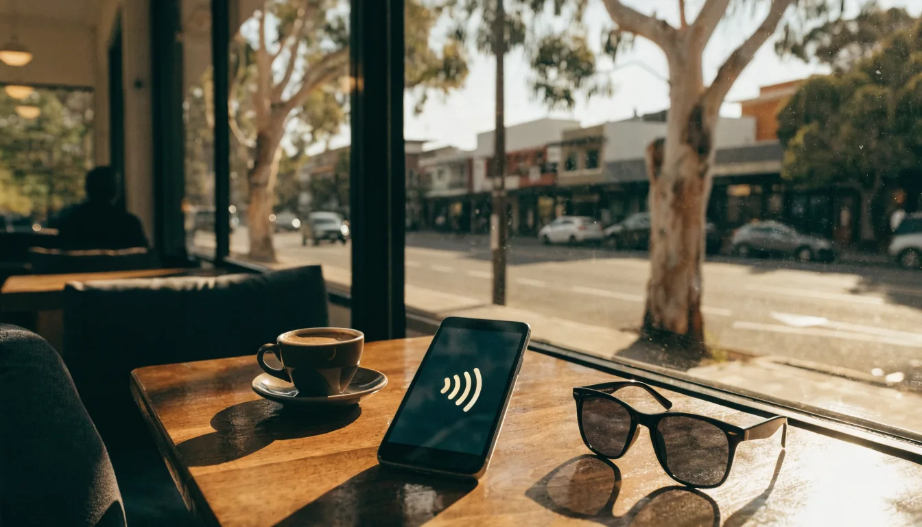 Smartphone with contactless payment on a sunny Australian café table.