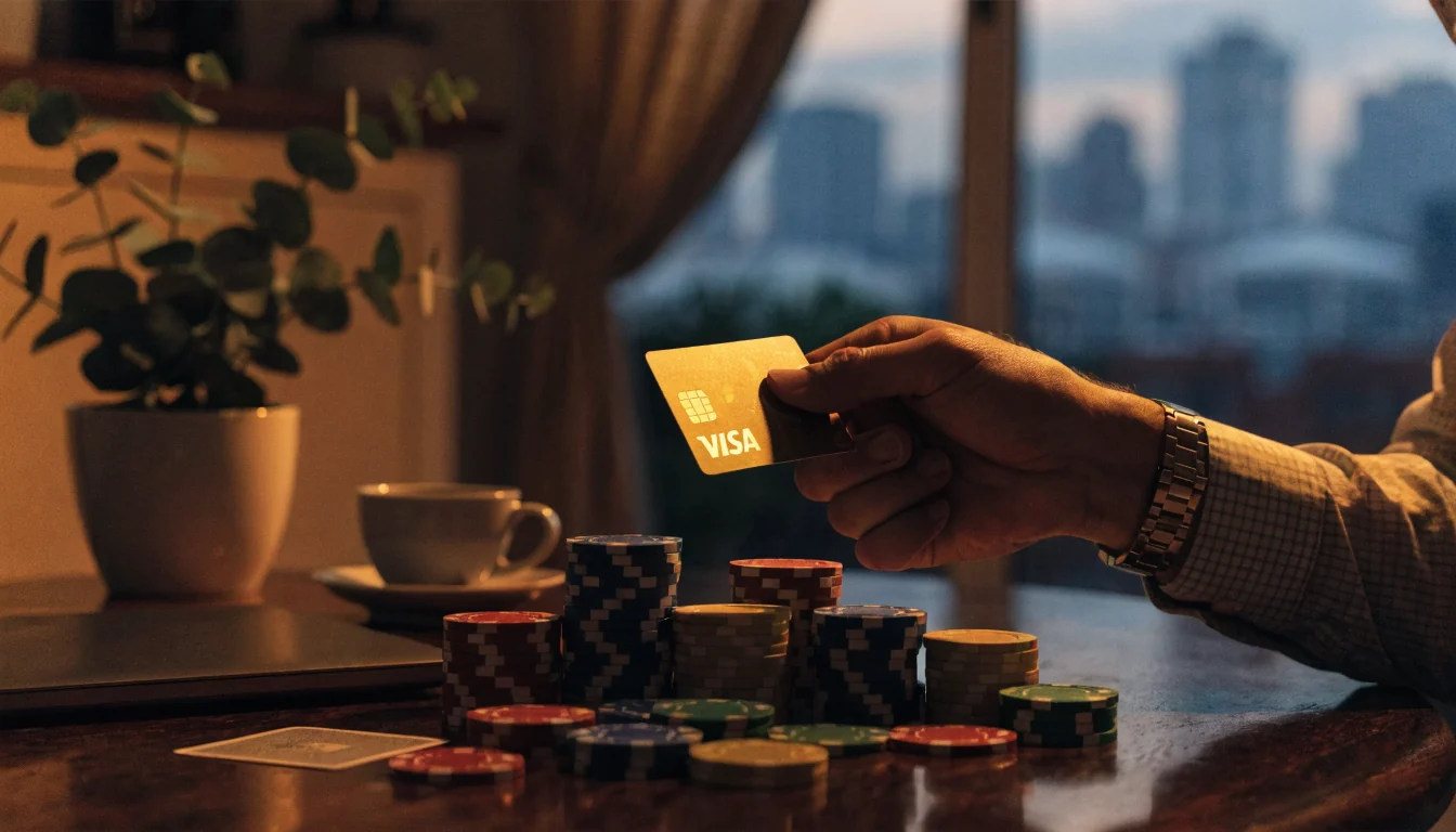 Hand holding Visa card above casino chips on dark wooden table in an Australian home setting