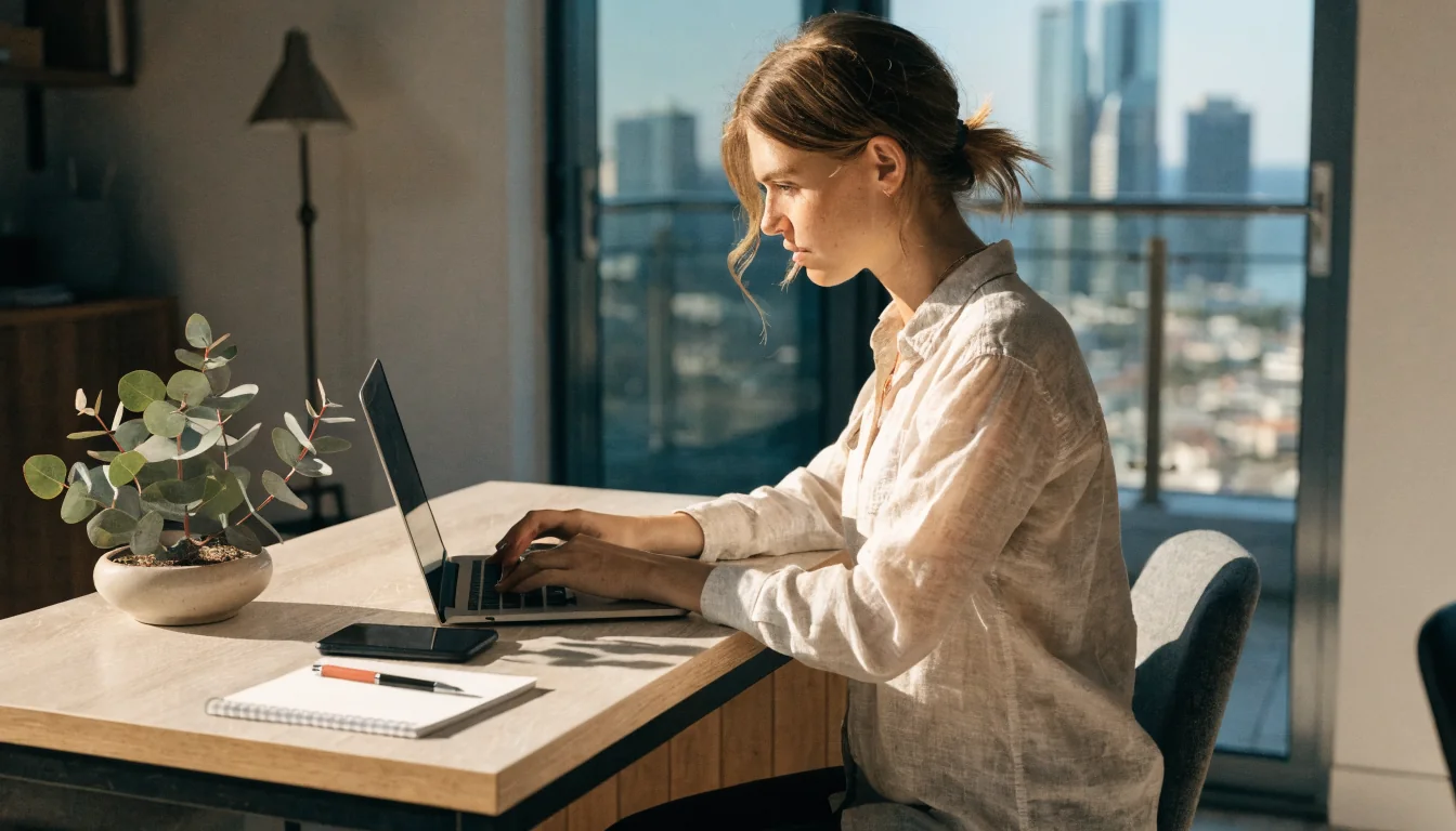 Australian woman typing at a sunlit home office desk, ready to respond to contact messages.