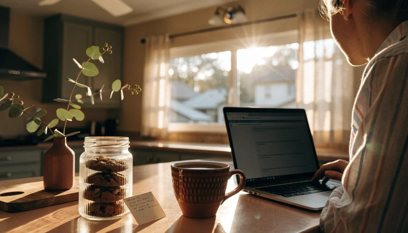 Glass jar of cookies beside a laptop and coffee mug on a sunlit kitchen counter.
