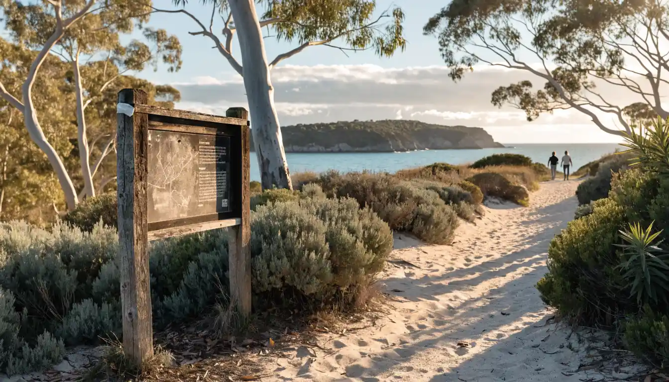 Wooden information notice board on an Australian coastal walking trail with eucalyptus trees.