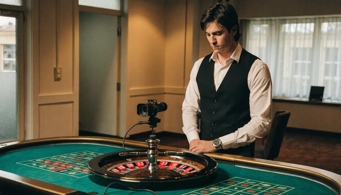 Croupier at an empty roulette table under a mounted studio camera with visible cables.