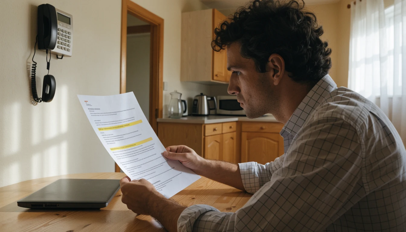 Australian customer at a kitchen table with a printout and a closed laptop, phone off the hook.