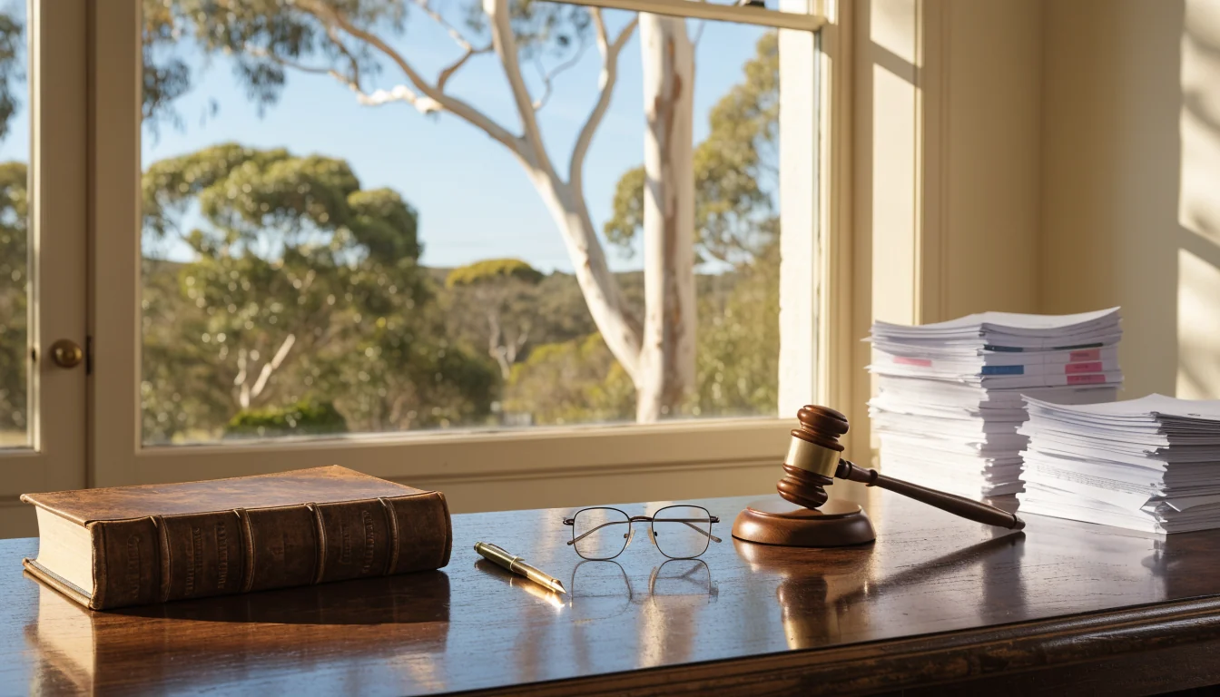 Sunlit office desk with legal book, gavel, and glasses, eucalyptus trees outside the window in Australia.