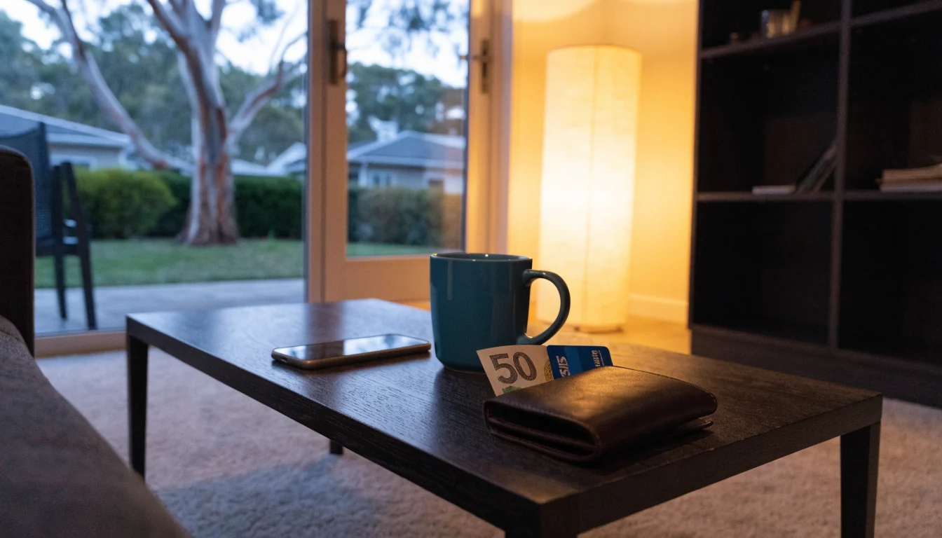 Australian living room scene with smartphone, wallet, and bank cards on a coffee table