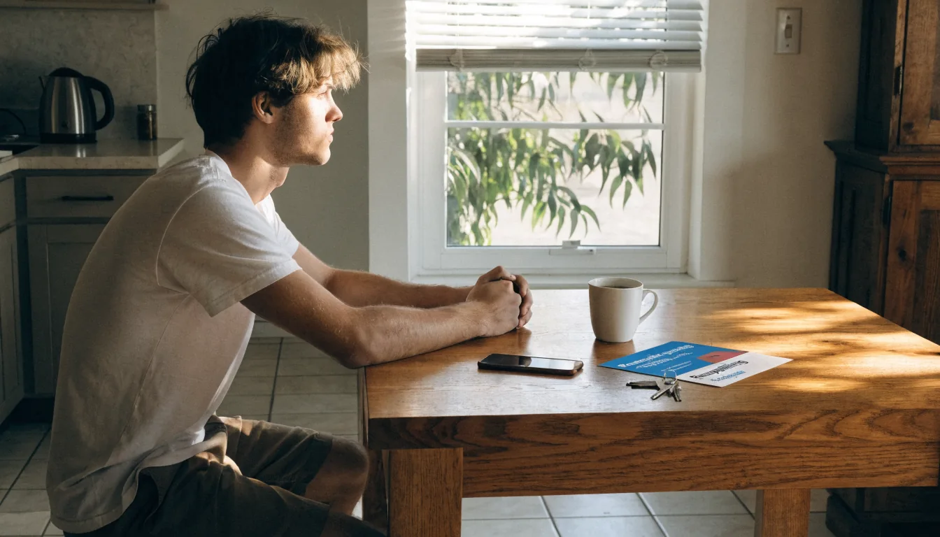 Australian man pausing with smartphone face-down at home kitchen table, responsible gambling theme.