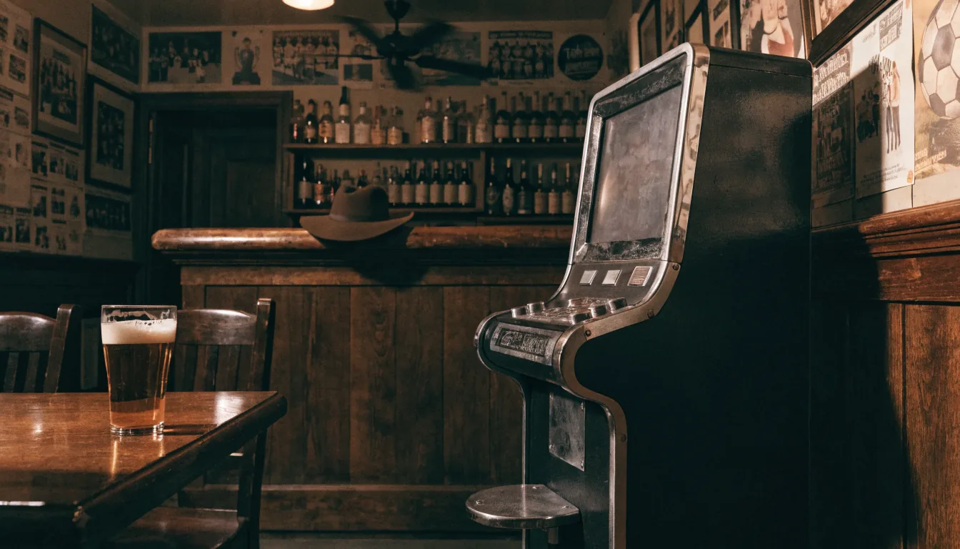 Pokie machine in a quiet Australian pub corner, screen turned away, beer and hat on the bar