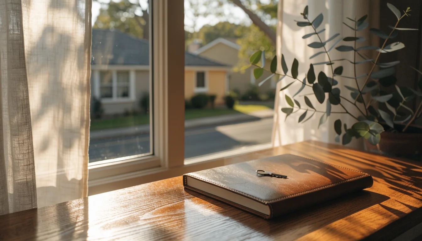 Leather notebook with a key on a sunlit desk near a eucalyptus plant