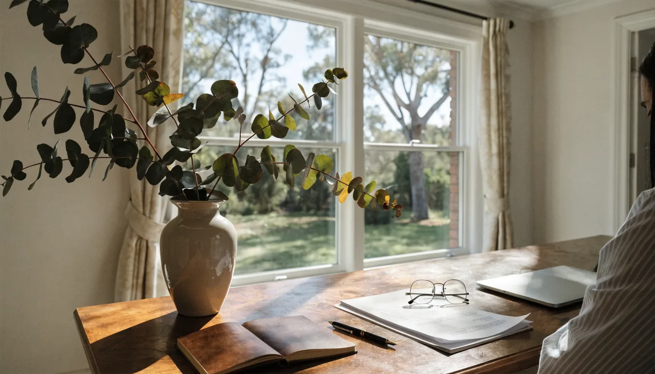 Sunlit home office desk with documents, notebook, and Australian eucalyptus by the window.